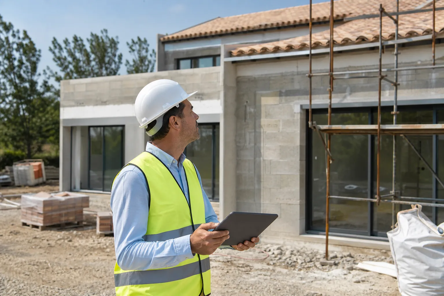 Expert en bâtiment indépendant inspectant une construction dans les Bouches-du-Rhône
