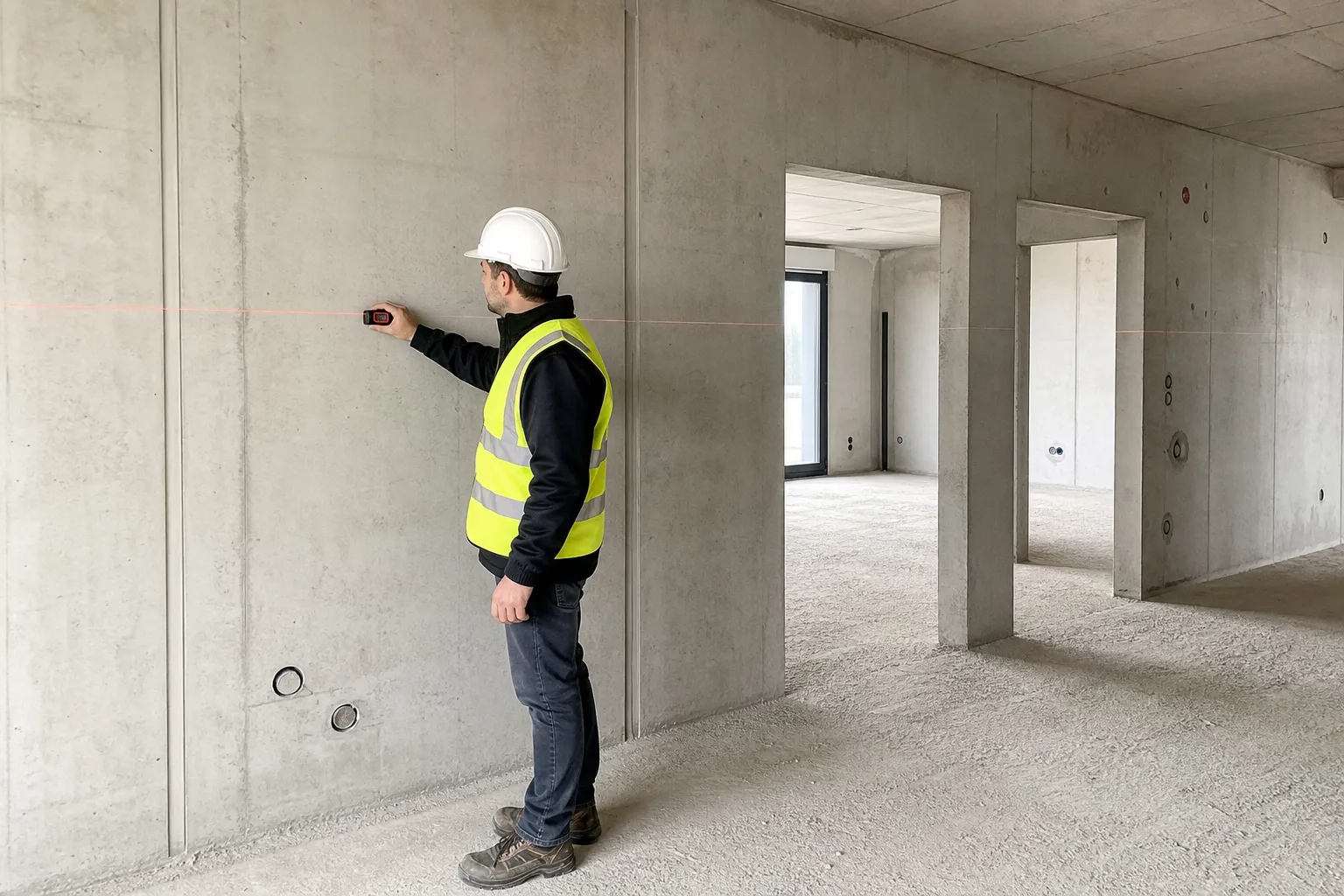 Expert en bâtiment inspectant les cloisons en béton brut d'un appartement neuf en VEFA dans les Bouches-du-Rhône